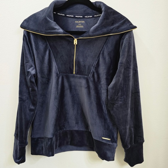 Halston Tops - Halston Women Navy Blue Ribbed Velour Quarter Zip Fleece Pullover Small NWT